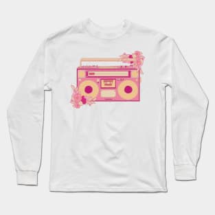 Vintage retro kawaii cassette portable media player radio stereo sticker pink and green with flowers Long Sleeve T-Shirt